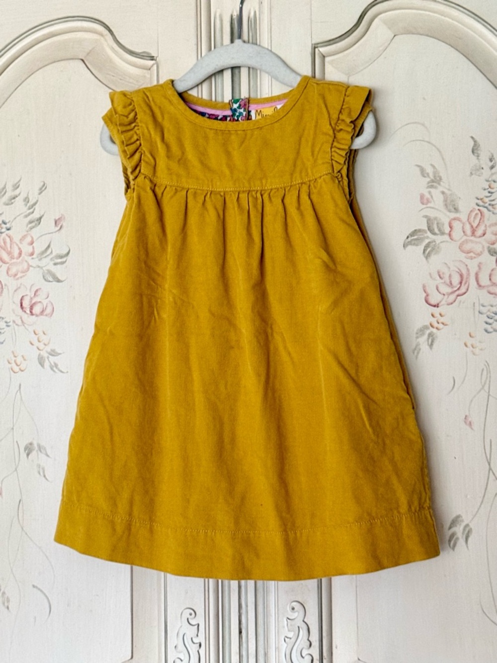 Mini Boden 2-3Y Flutter Sleeve Mustard Yellow Floral-Lined Cord Dress